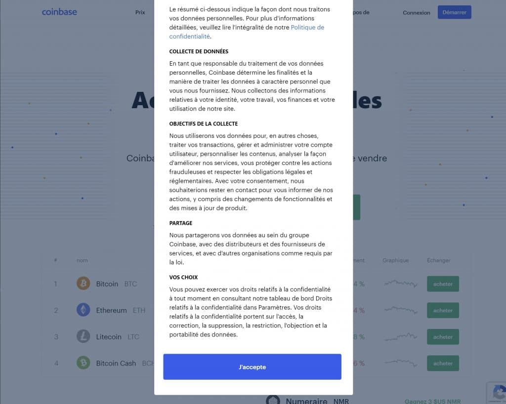 Acceptation politique confidentialite Coinbase