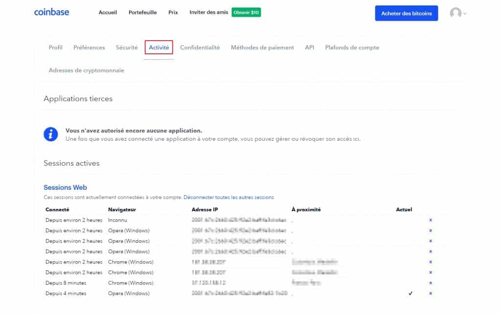 Acces activite Coinbase