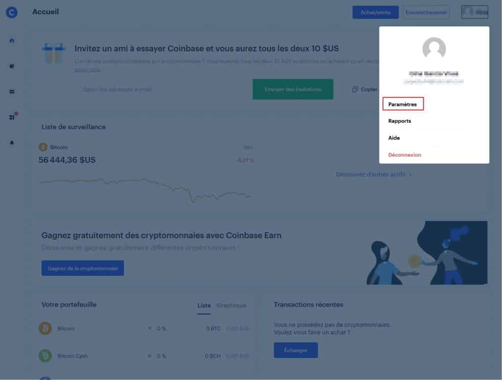 Acces parametres Coinbase