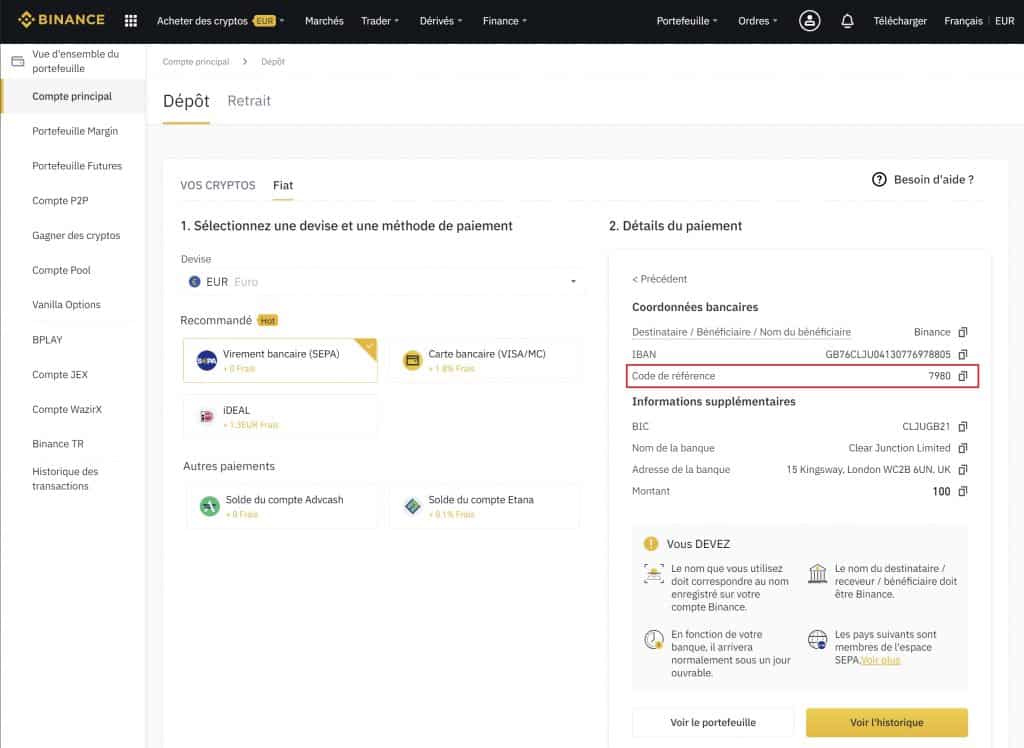 Achat virement BTC Binance