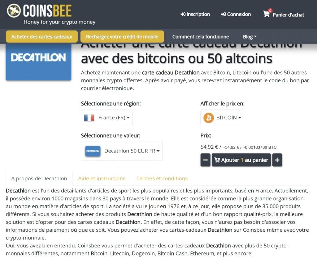 Acheter carte cadeau BTC Coinsbee
