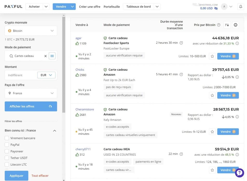 Acheter carte cadeau BTC Paxful 1