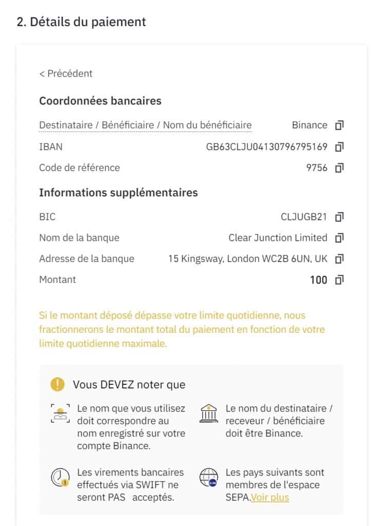 Binance details paiment Bitcoin