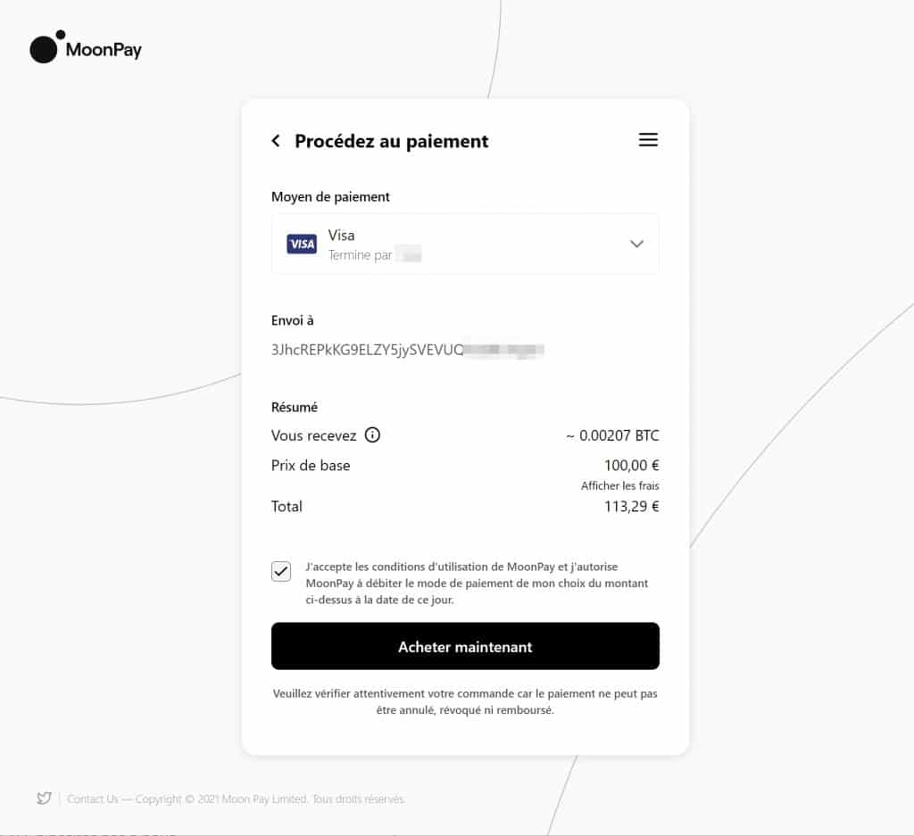 Bitcoin frais MoonPay