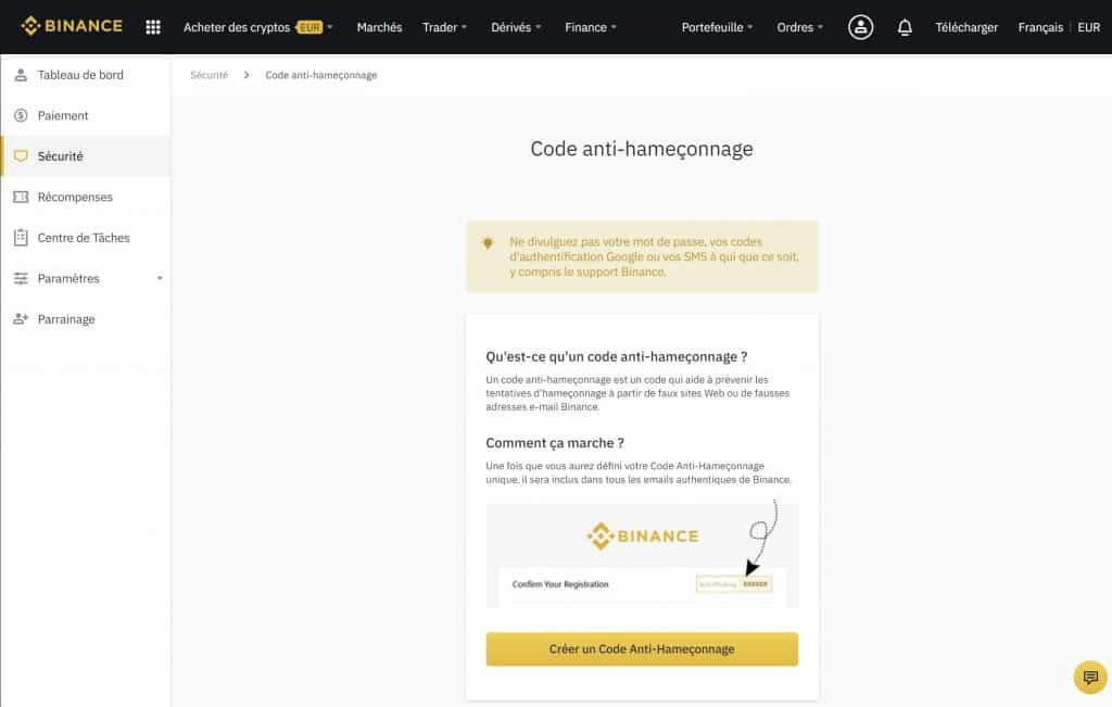 Code Anti hameconnage Binance