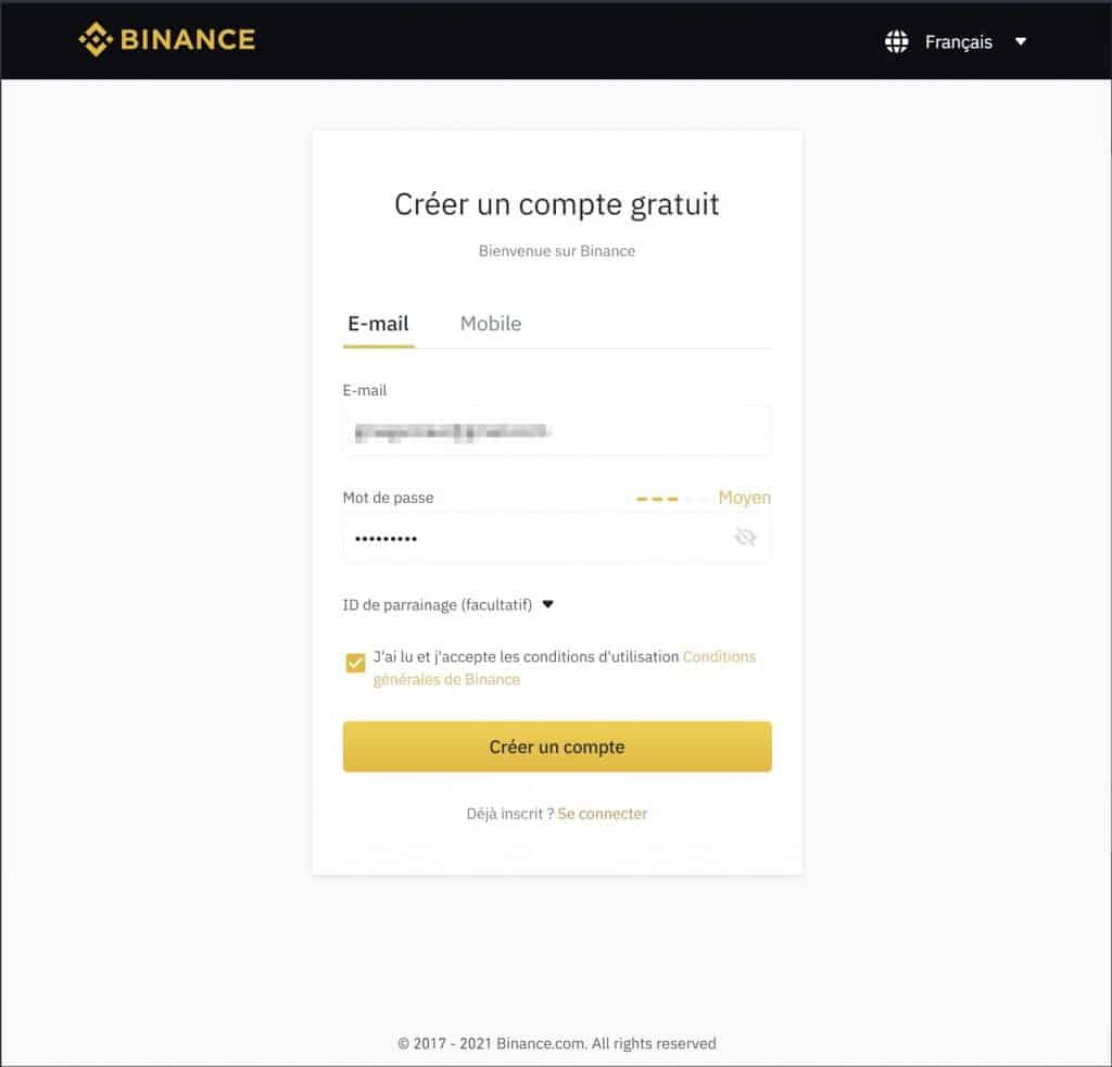 Creation compte Binance