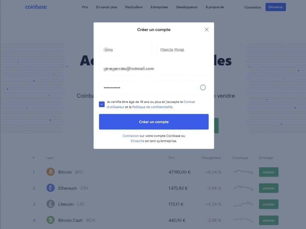 Creation compte Coinbase 2