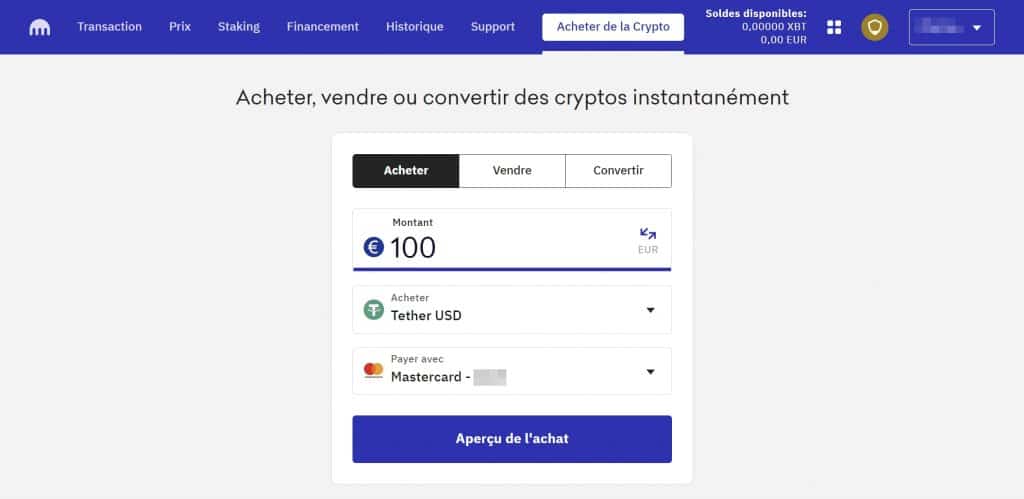 Kraken USDT achat crypto