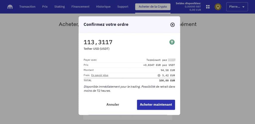 Kraken pevisualisation achat USDT CB