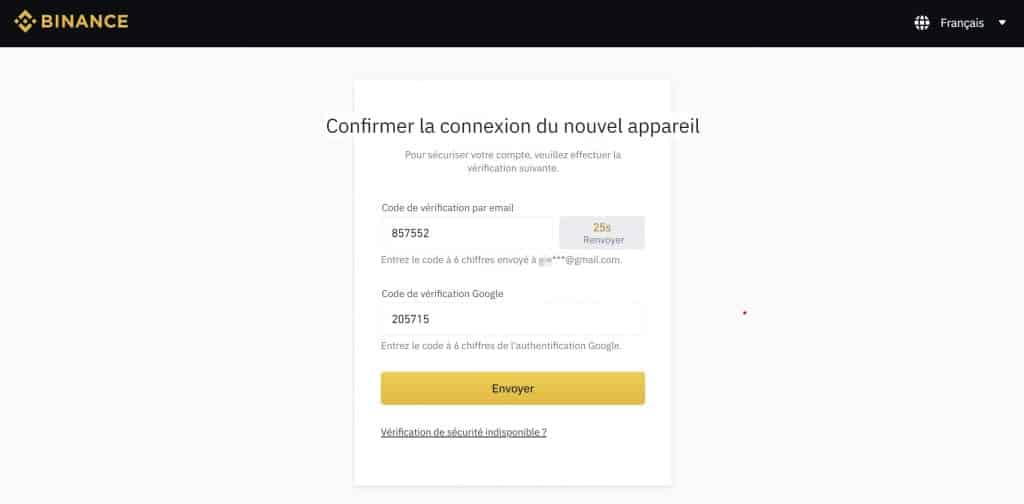 Login verification Binance
