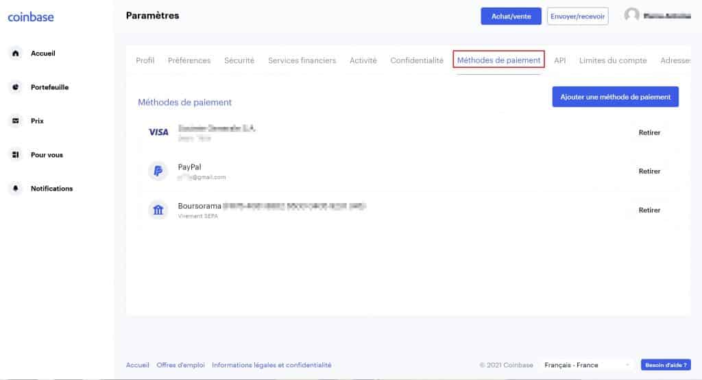 Moyens de paiement Coinbase