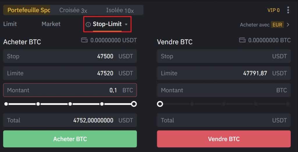 Stop limit Binance