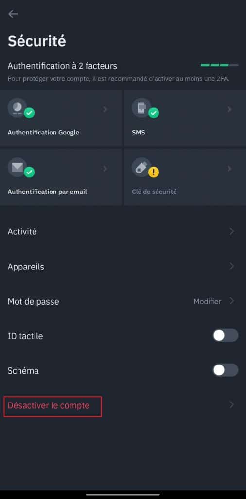 Suppression compte Android Binance