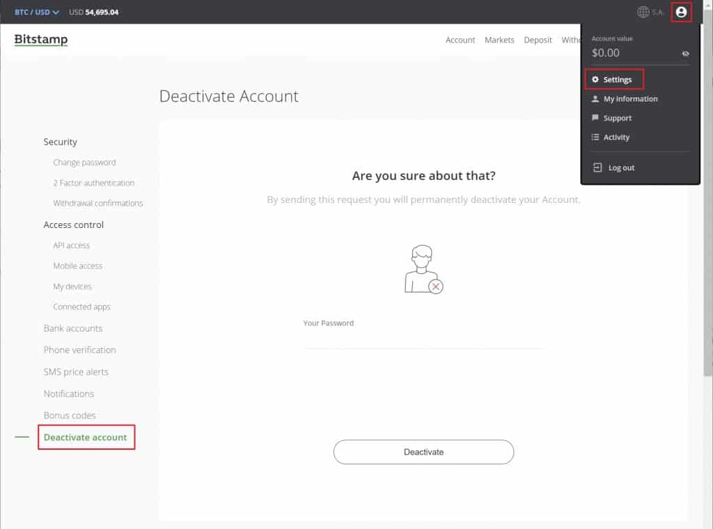Suppression compte Bitstamp