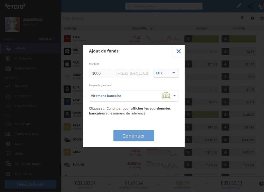 Achat virement 1 eToro