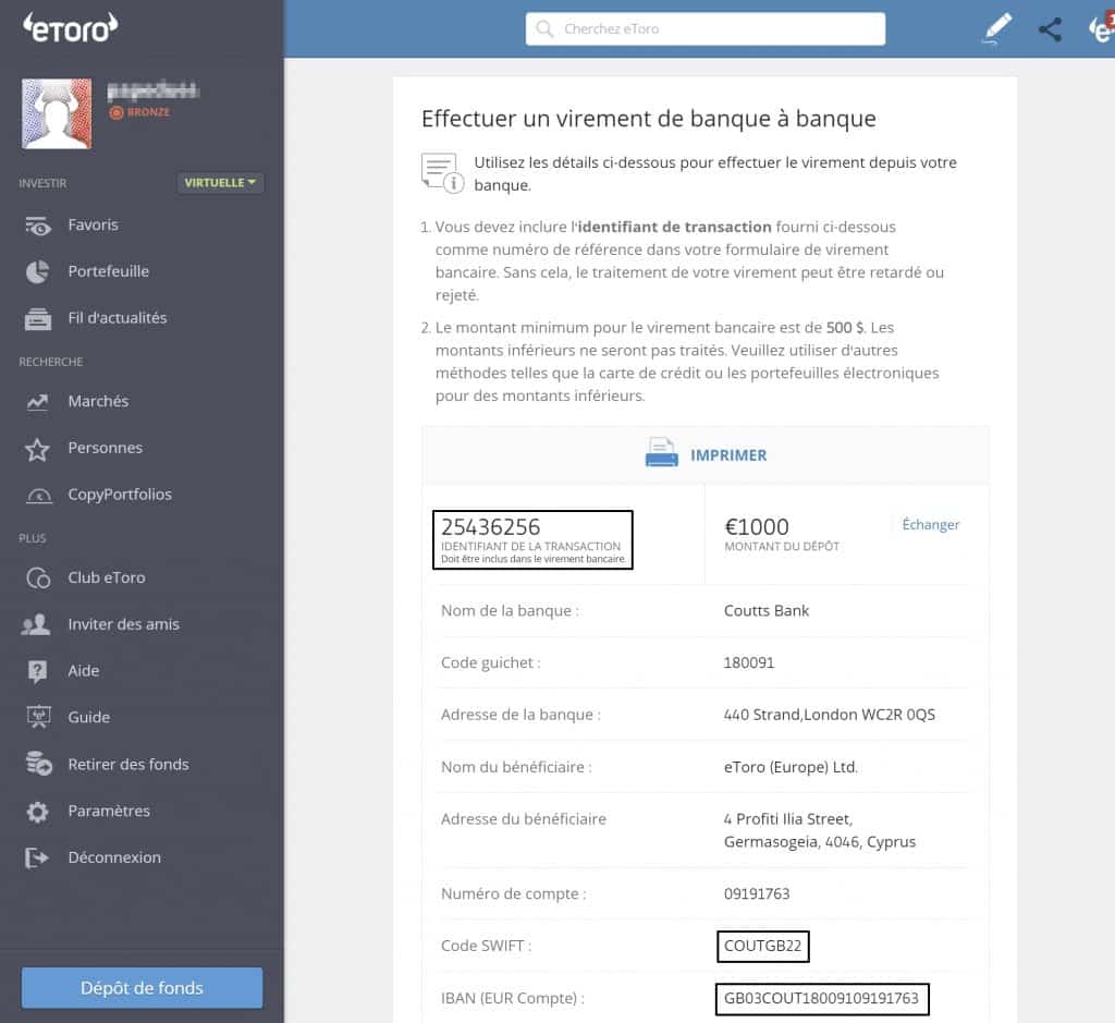 Achat virement 2 eToro