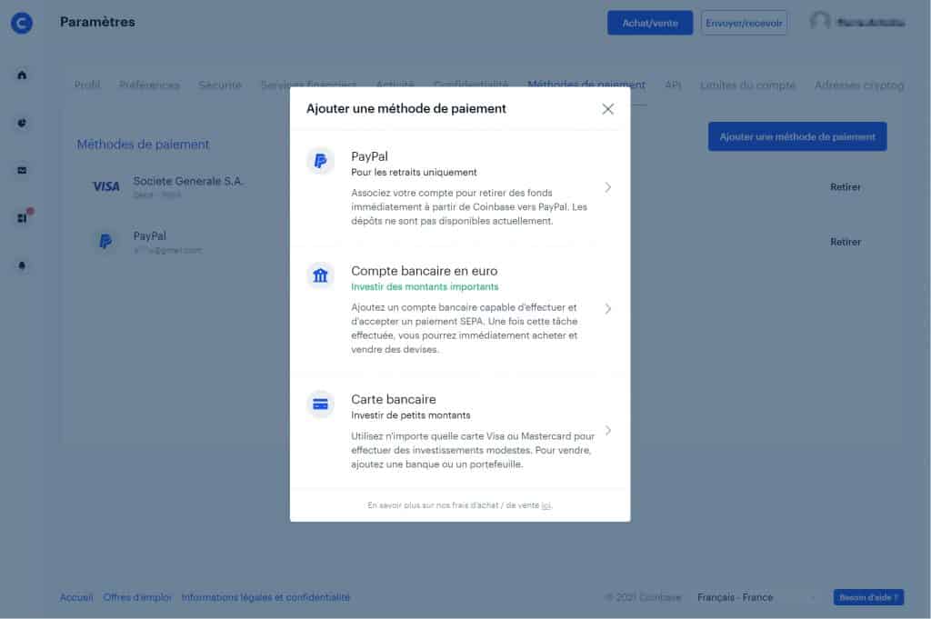 Ajout moyen de paiement Coinbase