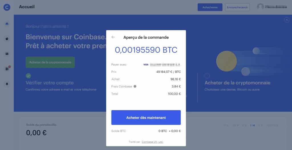 Coinbase achat BTC apercu