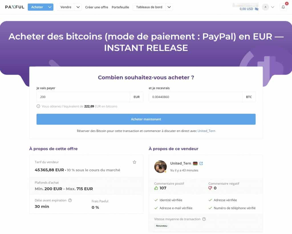 Montant achat Paxful