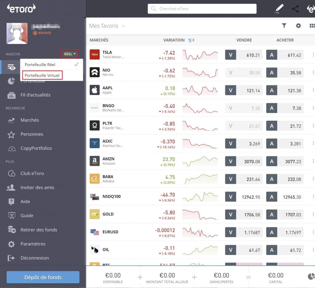 Portefeuille virtuel eToro