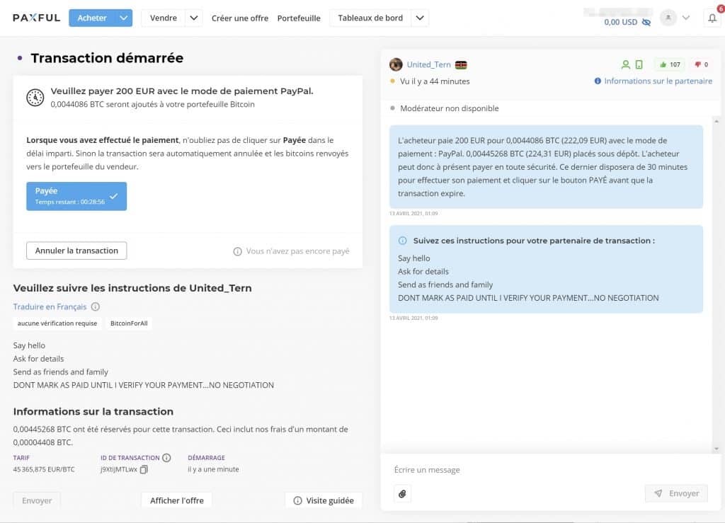 Transaction PayPal Paxful