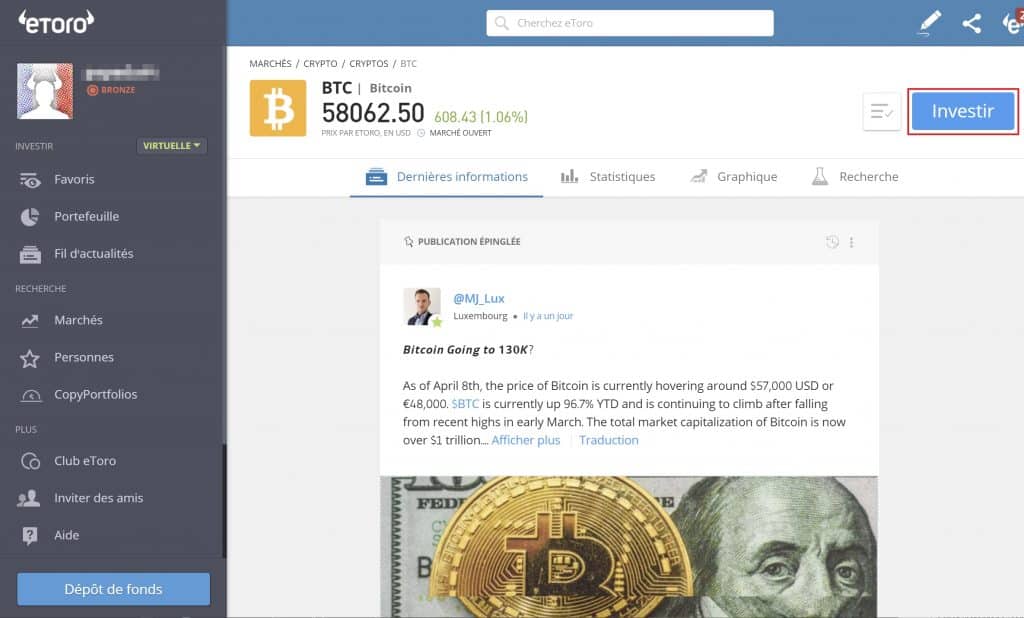 eToro investir BTC